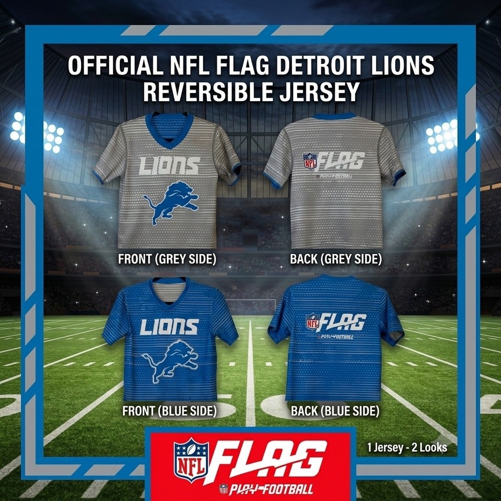 NFL Flag Detroit Lions Reversible Jersey Kids Blue Grey Youth Football Shirt L